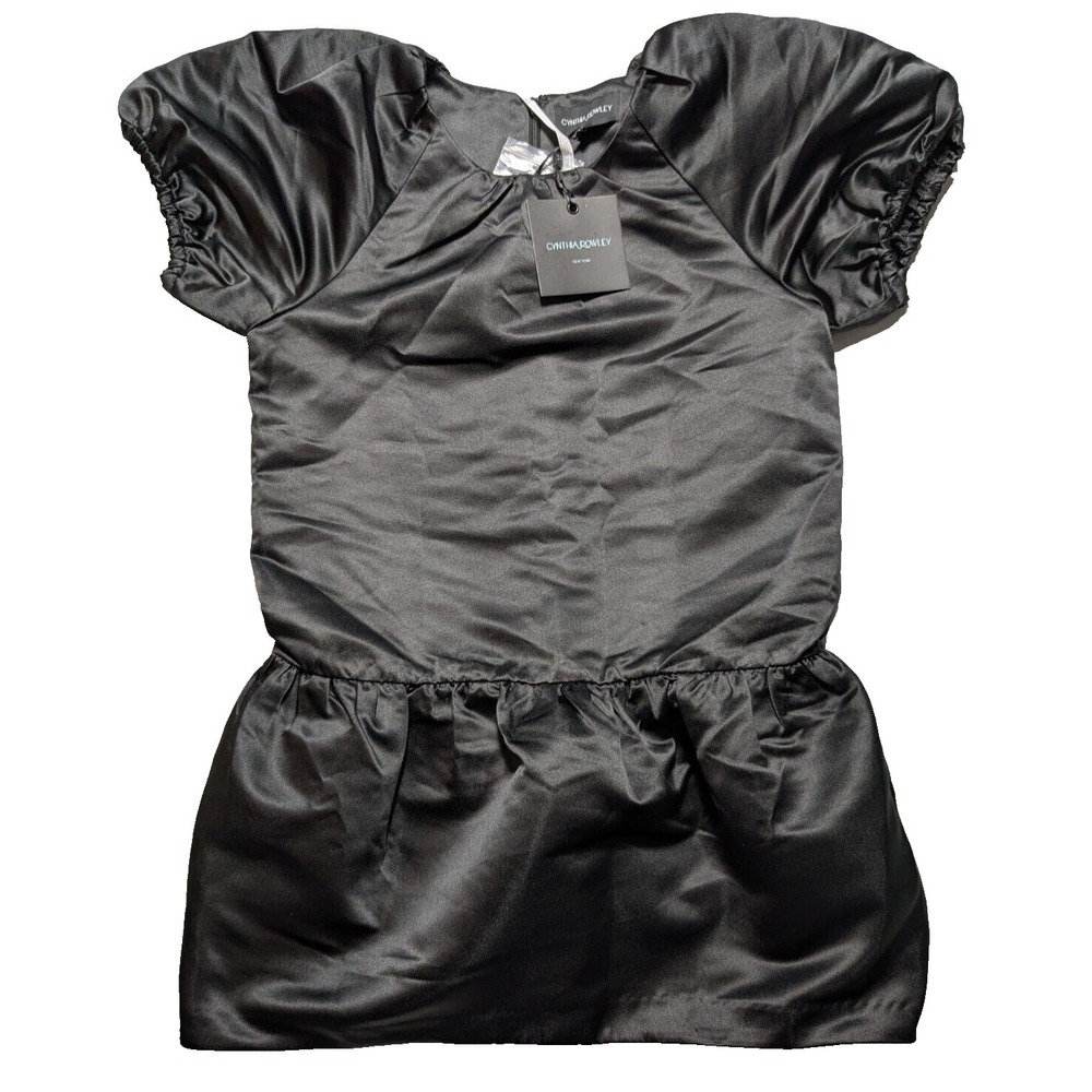 CYNTHIA ROWLEY Women Small Black Tulip Belted Satin Mini Dress NEW